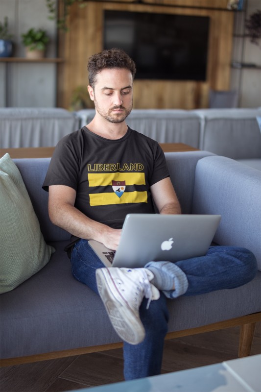 serious-white-man-wearing-a-t-shirt-mockup-working-with-his-laptop-on-a-sofa-a20437